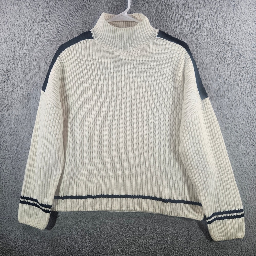 Sanctuary Womens Mock Neck Ribbed Sweater Cream Navy Blue Stripe Large